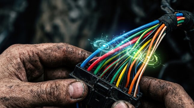 Mechanic's dirty hands connecting a complex electrical wiring harness with digital interface
