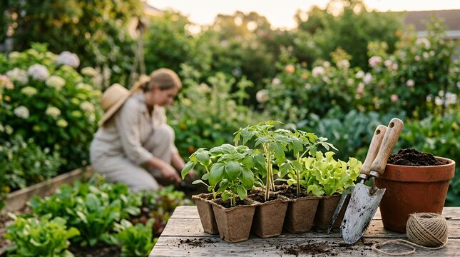 A woman working in a lush vegetable garden with seedlings on a wooden table.