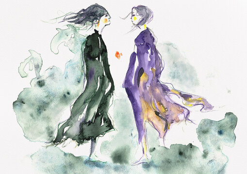 Two Expressive Female Figures in an Abstract Encounter &ndash; Hand-Painted Watercolor