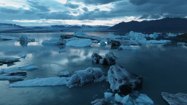 Drifting Icebergs on a Glacial Lagoon, Iceland Aerial
