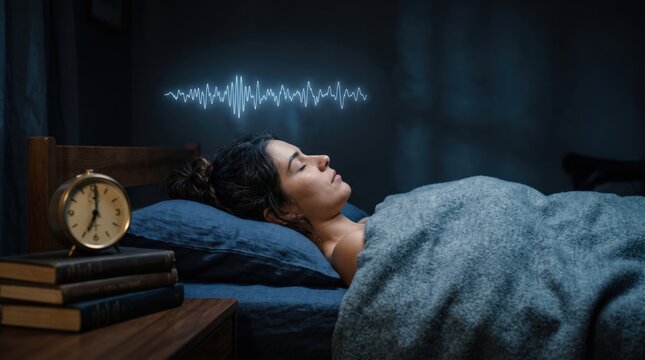 Woman sleeping peacefully with brainwave visualization above her head
