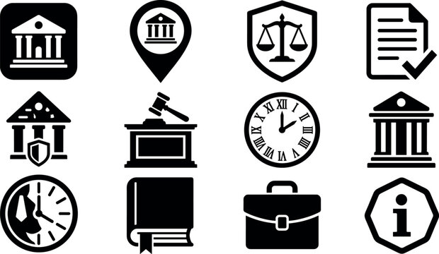 Law and courthouse icon set with scales of justice shield judge gavel book briefcase and time management elements vector