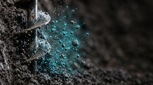 Drilling into the earth with a digital network overlay representing data extraction