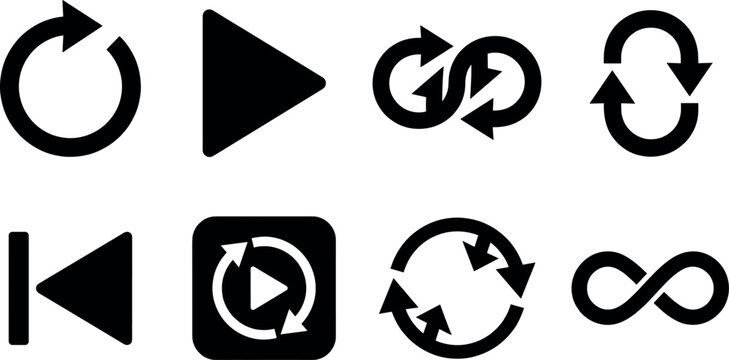 Media player replay icon set with repeat loop infinity play button reset refresh and undo arrow web UI graphic vector