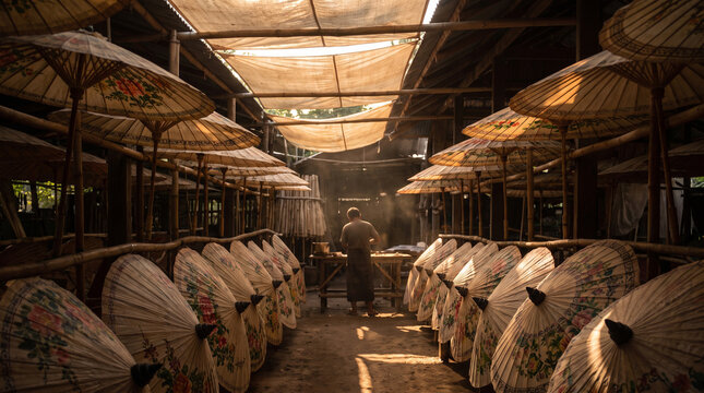Rows of Hand-Painted Paper Umbrellas Drying