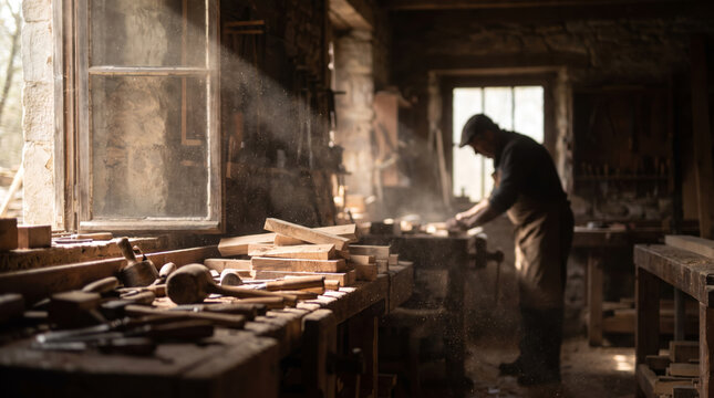 Carpenter's Workshop With Sawdust in Shafted Light