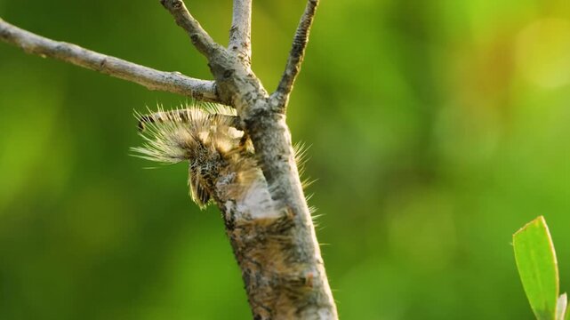 The grey-colored caterpillar has a full length of fine hair all over its body with a round head with white pink spots, Madagascar wildlife. 