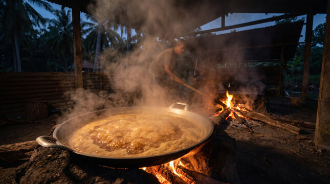 Coconut Sap Boiling in a Wide Pan Over Open Fire