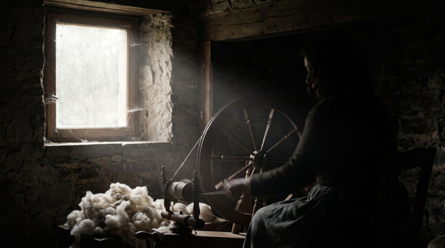 Silhouetted Figure Spinning Cotton by Window Light