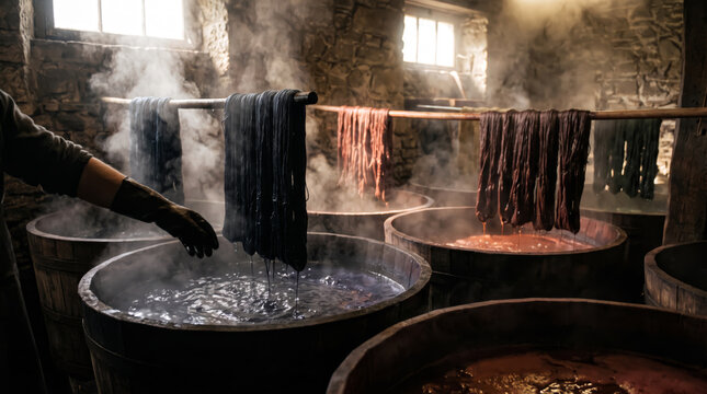 Hand Dipping Dyed Silk Skeins Into Steaming Vats