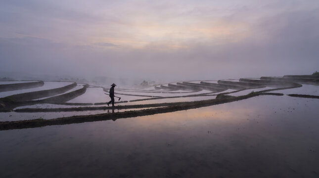 Lone Farmer Walking Bund Through Misty Rice Terraces