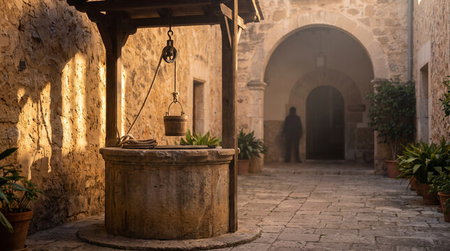 Stone Well With Rope and Bucket in a Sunlit Courtyard