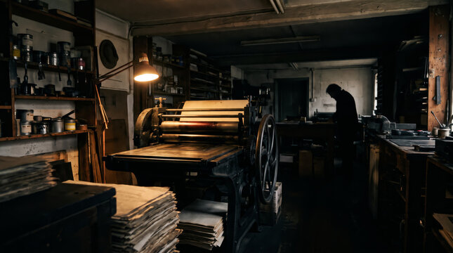 Antique Printing Press Lit by a Single Workshop Lamp