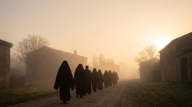 Robed Figures Walking a Misty Village Lane at Dawn