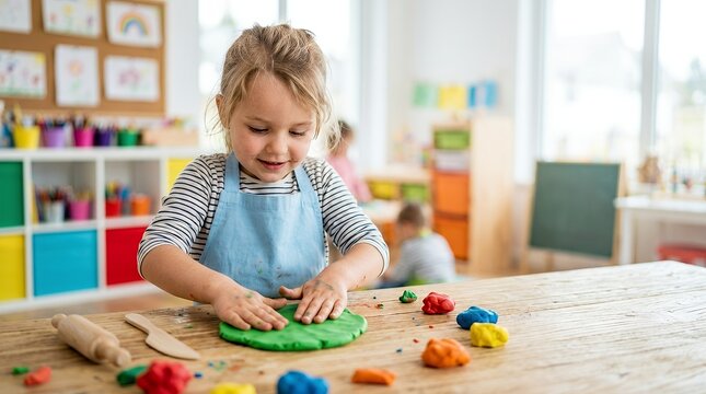 Happy little girl playing with colorful modeling clay in a bright preschool classroom.