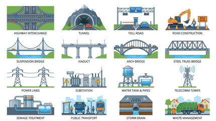 Obraz premium Set of Infrastructure Vector Icons Illustrating Modern Urban Transportation Systems and Public Utility Facilities