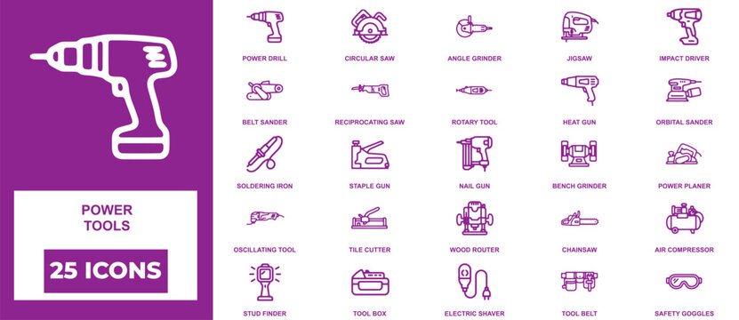 Collection of twenty-five power tools featuring a drill, circular saw, angle grinder, jigsaw, impact driver, and various workshop gear