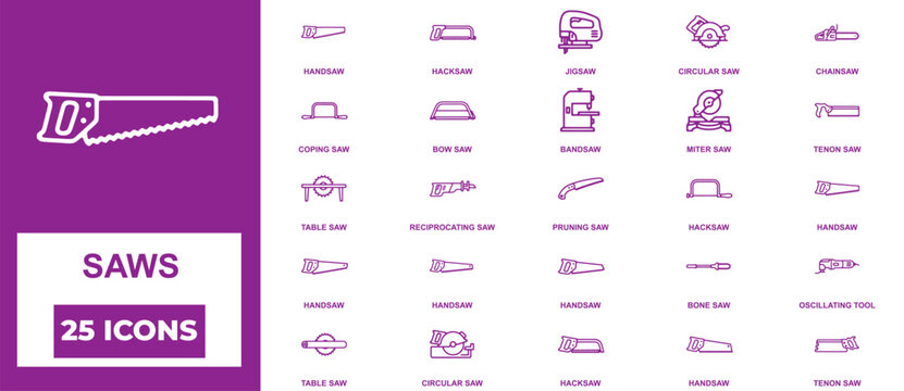Set of twenty-five saw tool line featuring various types of cutting equipment for woodworking and construction on a purple background