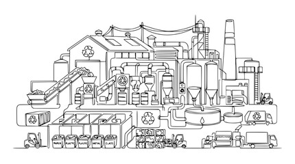 Fototapeta premium Recycling Plant Facility Line Drawing - Industrial Waste Processing