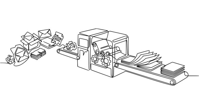 Continuous line drawing of mail sorting machine processing letters and packages