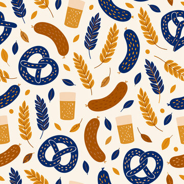 Seamless Beer and Pretzel Pattern with Sausages and Botanical Elements