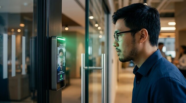 Man using facial recognition scanner on glass door