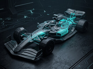 Naklejka premium racing car internal structure 3d model engine battery hybrid system blue backlighting xray concept technology engineering motorsport sports car track