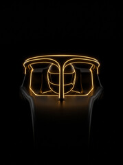Naklejka premium vertical illustration of formula 1 racing car front view featuring driver in helmet under bright glowing orange neon halo system on black background minimalist art design