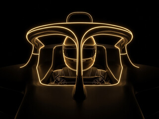 Naklejka premium close up view of formula 1 racing car cockpit with driver in helmet and bright orange neon halo safety ring on dark background modern futuristic technological illustration