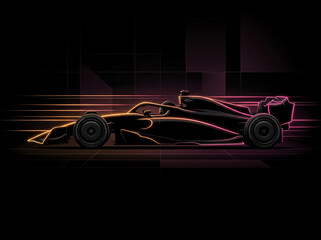 Obraz premium abstract neon illustration of a formula 1 racing car moving at high speed on a dark track with brightly glowing orange and pink outlines of a sports car body on black background