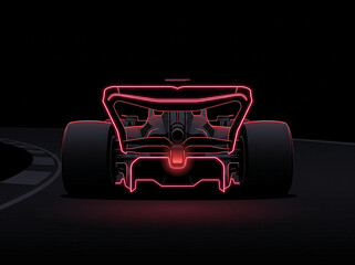 Obraz premium rear view of a formula 1 sports race car with red neon glowing spoiler on dark racetrack during night race event vibrant illustration of speed and raw engine power