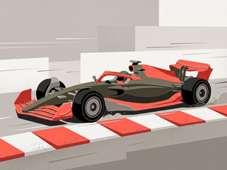 Obraz premium stylized vector illustration of a red formula 1 sports racing car speeding along the track curb with motion blur trail retro modern flat poster design stock vector