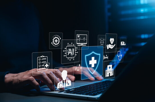 AI-Driven Healthcare and Medical Technology Concept. A professional using laptop with digital AI powered healthcare icons, medical services, data protection, and healthcare technology advancements.