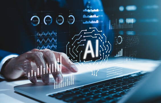 AI data analytics and business intelligence concept. Businessman using digital dashboards, predictive insights, automation, performance monitoring, machine learning, forecasting, data driven decisions