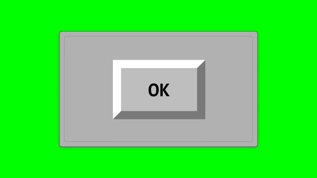 3D animation of a classic grey "OK" button being pushed on a green screen. Ideal for retro user interfaces, dialog boxes, and app navigation