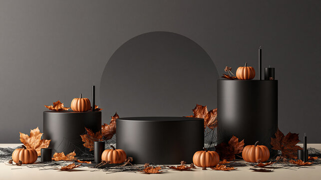 Dark Halloween Product Display with Pumpkins Candles Autumn Leaves and Spider Webs