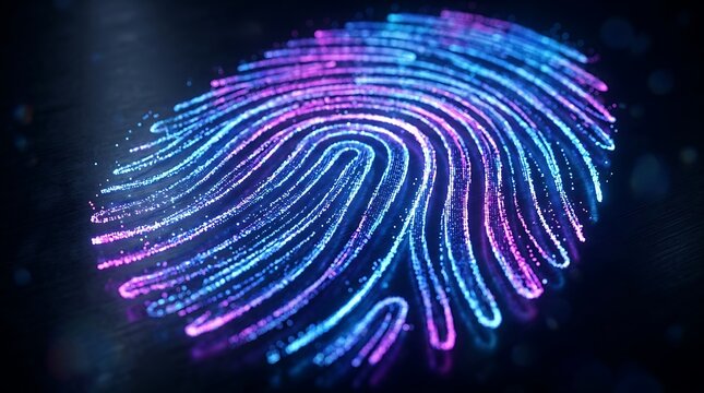 Glowing digital fingerprint with blue and pink particles