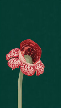 Minimalist vector illustration of rafflesia arnoldii giant red spotted flower on dark green background 