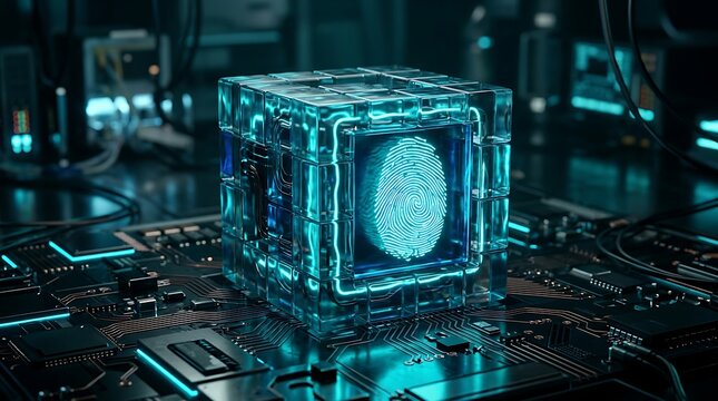Glowing fingerprint inside blue cube on circuit board