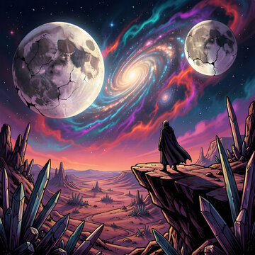 A lone cloaked figure stands on the precipice of a colossal, alien planet, gazing into the swirling nebulae of a distant galaxy