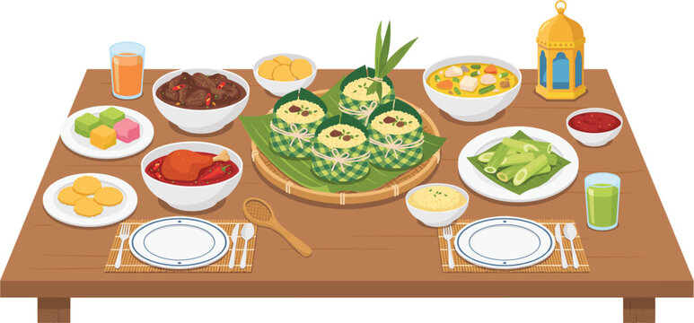 Traditional Malaysian Hari Raya Aidilfitri Feast Table Setting Vector Illustration with Ketupat Rendang Kuih Lantern and Festive Dishes for Eid Celebration Designs