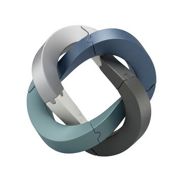 Interlocking circular puzzle rings in shades of grey, blue, and silver forming a continuous loop representing unity and connection on black background isolated on a transparent background