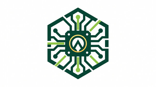 Dark green and lime hexagon microchip vector logo with integrated circuit board tracks and central CPU processor symbol, ideal for technology, semiconductor, cyber security, and hardware branding.