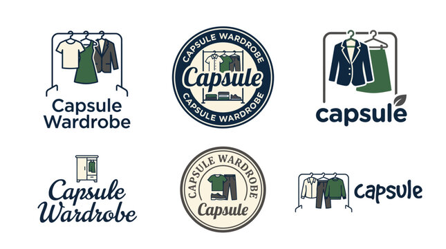 This image showcases six stylish logos for 'Capsule Wardrobe', embodying minimalist fashion principles focused on sustainability and versatile clothing options for modern wardrobes.