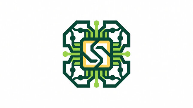 Green and yellow square microchip vector logo with detailed circuit board traces, symbolizing semiconductor technology, CPU hardware, computer engineering, microelectronics, and cyber security.