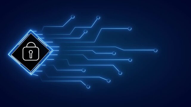 Digital security concept with glowing lock icon in diamond shape over circuit board pattern with moving light lines symbolizing data protection and secure network.
