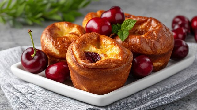 National Cherry Popover Day celebration image, light airy cherry popovers for breakfast and brunch, joyful seasonal food concept, commercial stock photography