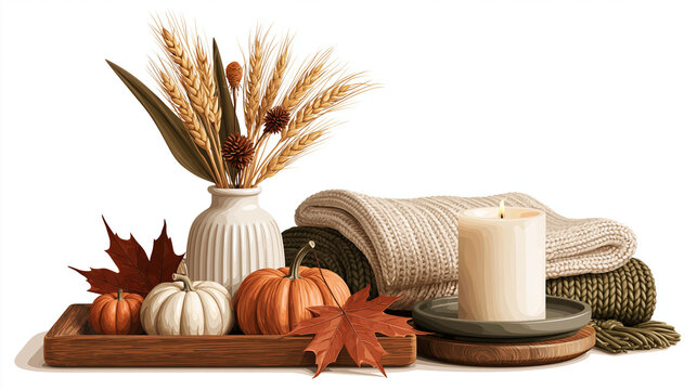 Cozy Autumn Home Decor with Pumpkin Candle Blanket and Wheat