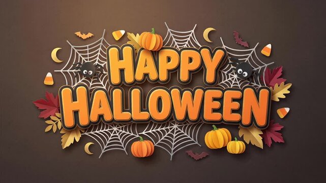 Happy Halloween Orange Typography with Pumpkins and Autumn Leaves