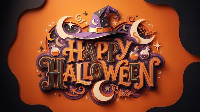 Happy Halloween Typography with Purple Pumpkins and Spooky Decorations